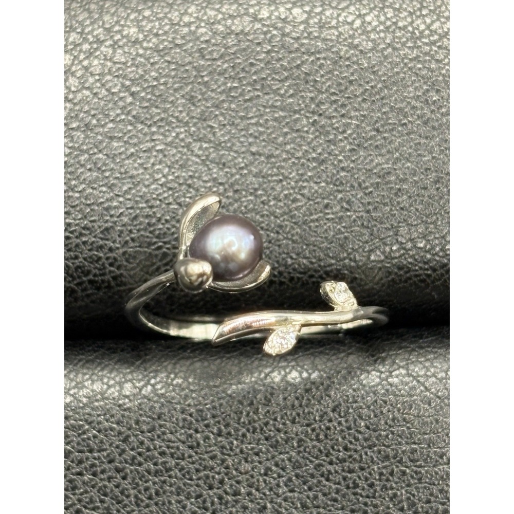 New Condition SterlingSilver Black Pearl CubicZirconia Ring Size 7 Adjustable H7